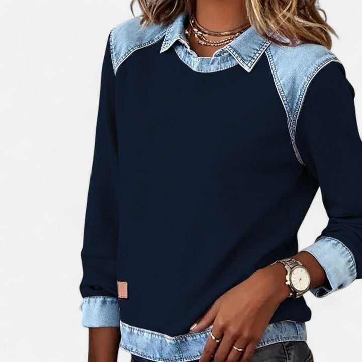 Sixtine | Pull bicolore à empiècements denim