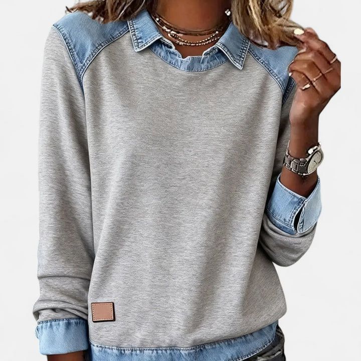 Sixtine | Pull bicolore à empiècements denim