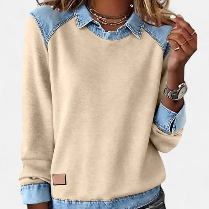 Sixtine | Pull bicolore à empiècements denim
