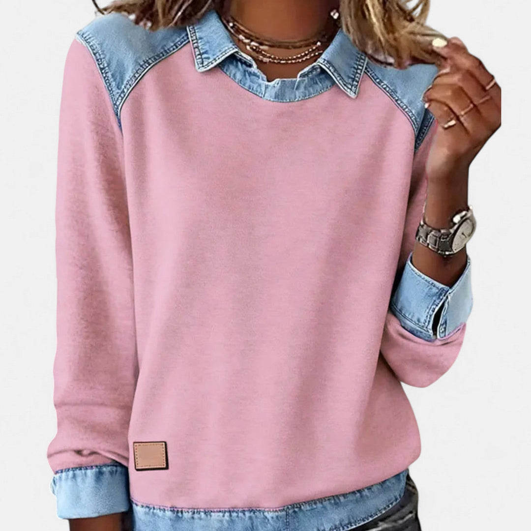 Sixtine | Pull bicolore à empiècements denim