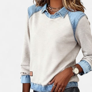 Sixtine | Pull bicolore à empiècements denim