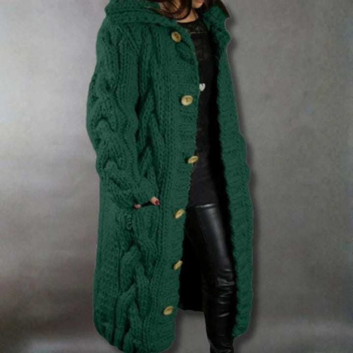Hermine | Manteau long en grosse maille torsadée à capuche