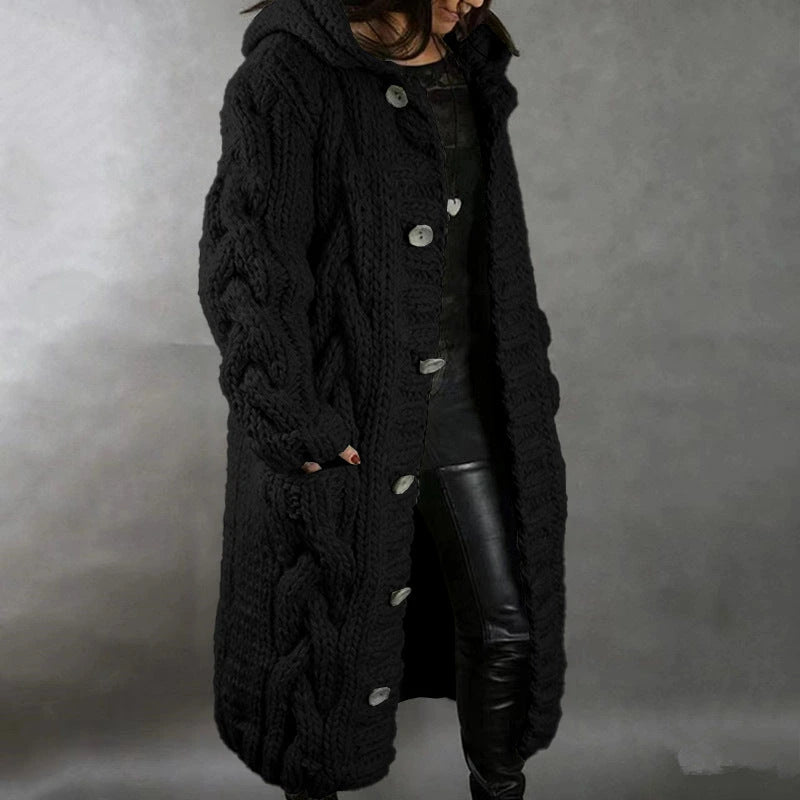 Hermine | Manteau long en grosse maille torsadée à capuche