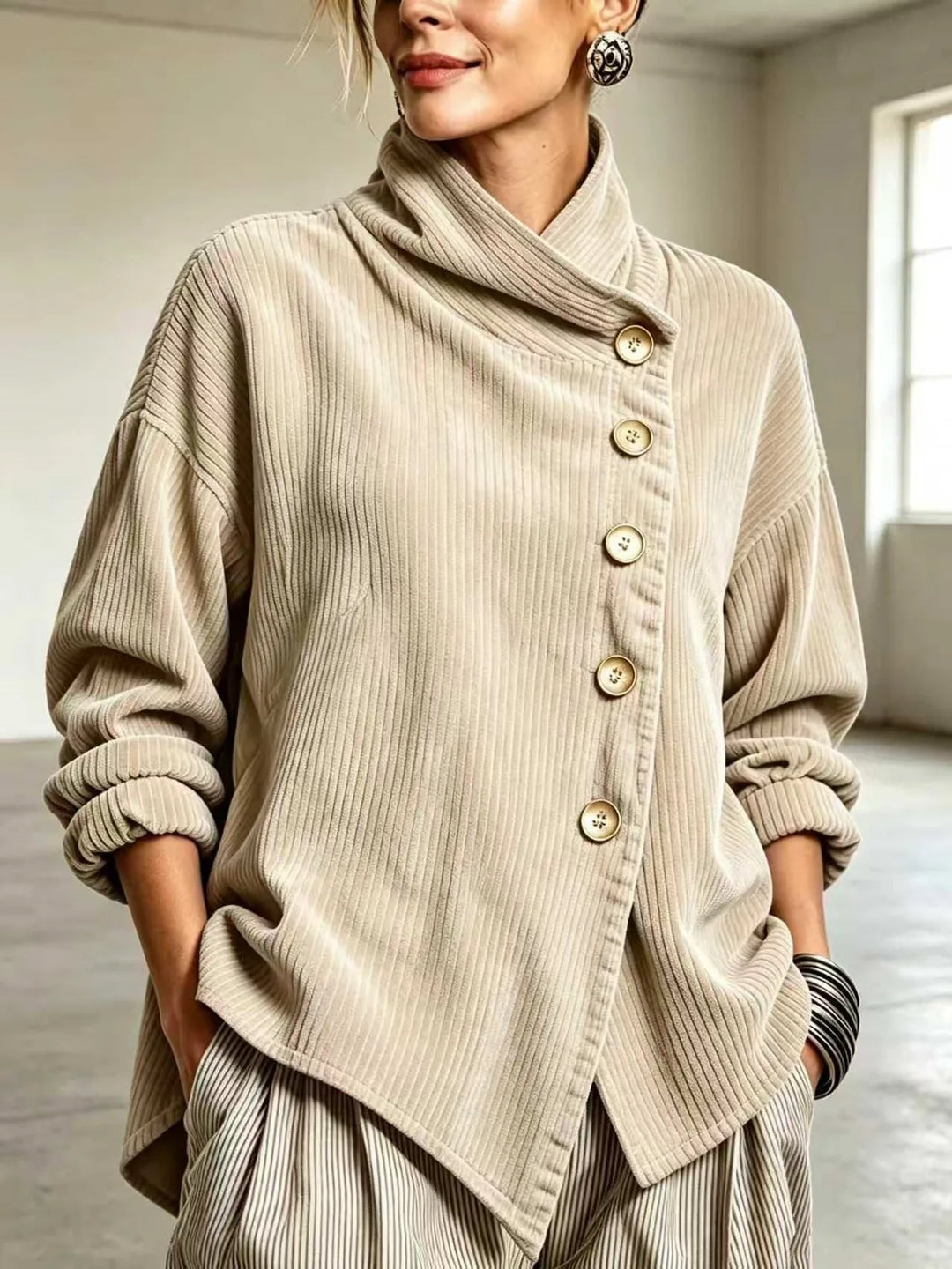 Philippa | Pull asymétrique boutonné à col montant