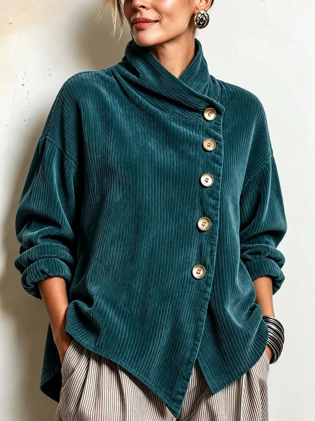 Philippa | Pull asymétrique boutonné à col montant