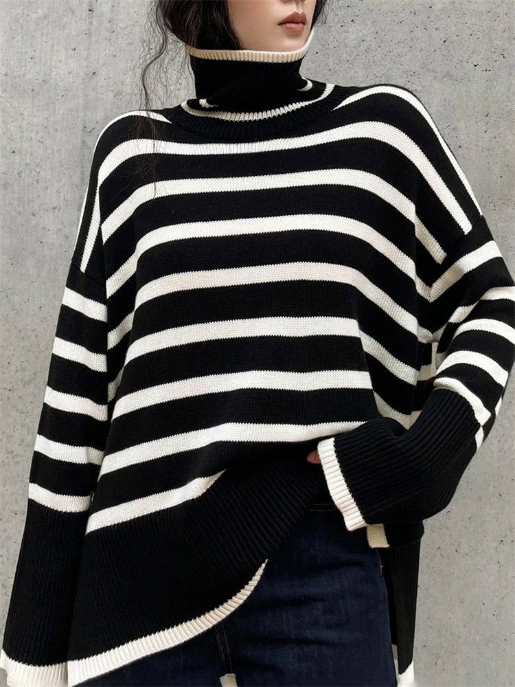 Prune | Pull oversize col montant à rayures