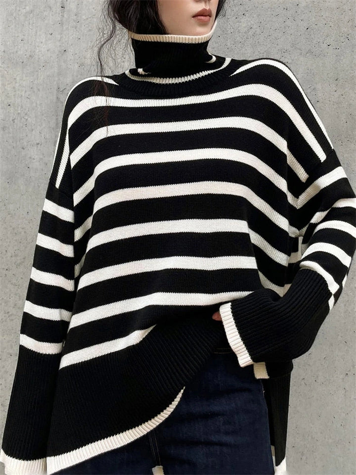 Prune | Pull oversize col montant à rayures