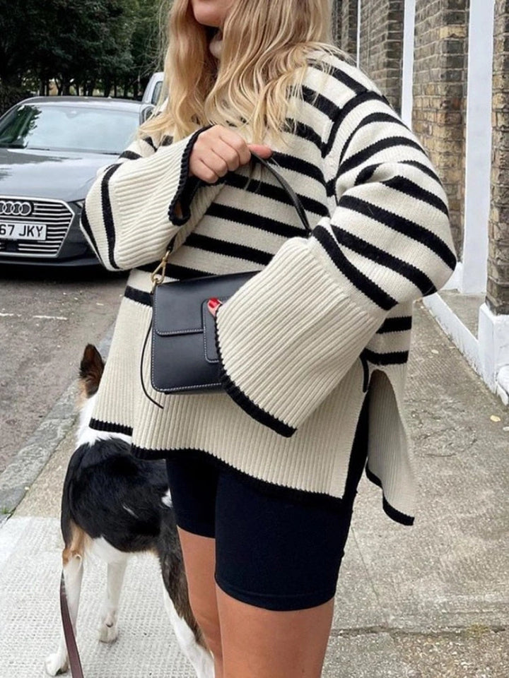 Prune | Pull oversize col montant à rayures