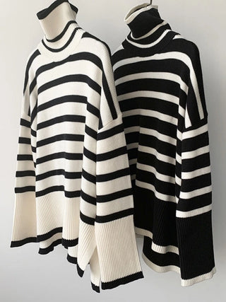 Prune | Pull oversize col montant à rayures