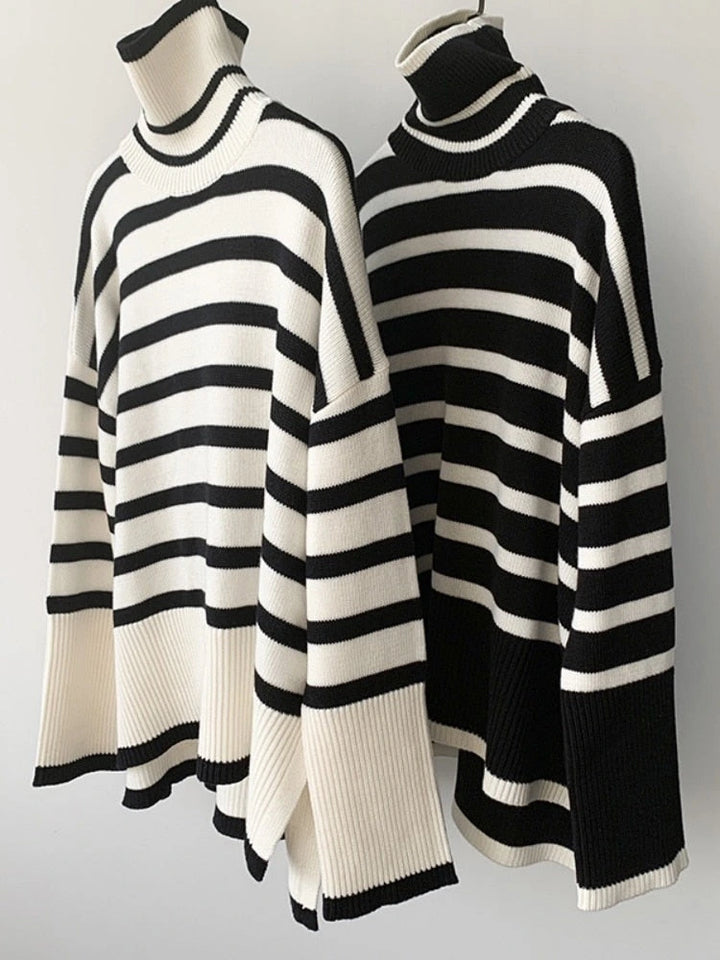 Prune | Pull oversize col montant à rayures