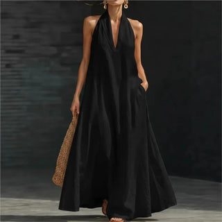 Clara | Robe longue en coton et lin à encolure licou