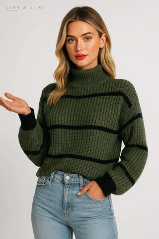 Maïté – pull col montant rayé en maille côtelée