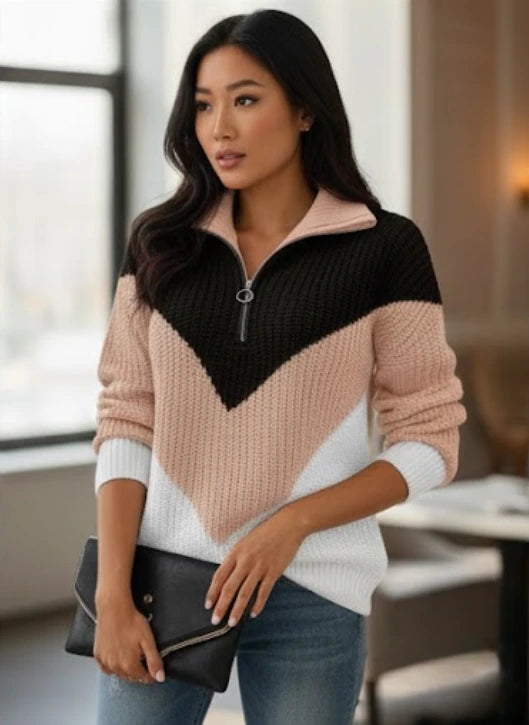Aldine | Pull demi-zippé tricolore en grosse maille
