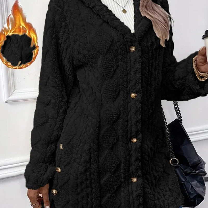 Évelyne | Veste longue à capuche boutonnée effet peluche