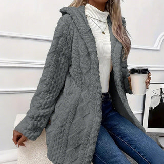 Évelyne | Veste longue à capuche boutonnée effet peluche