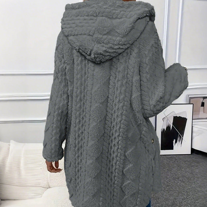 Évelyne | Veste longue à capuche boutonnée effet peluche