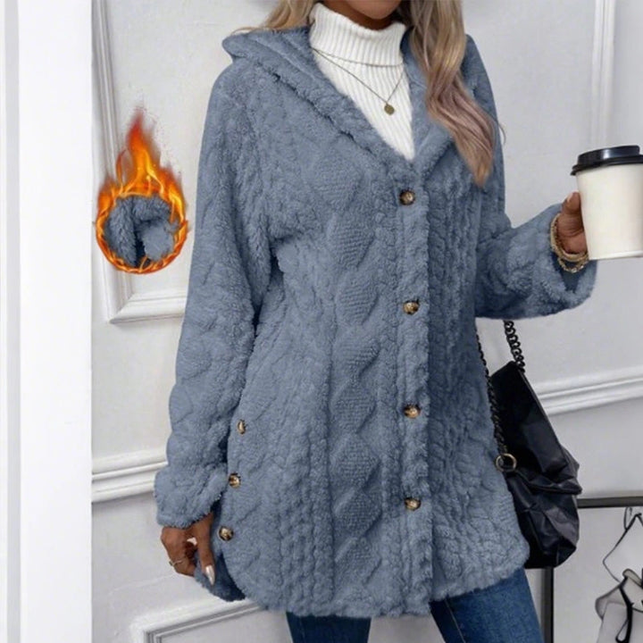 Évelyne | Veste longue à capuche boutonnée effet peluche