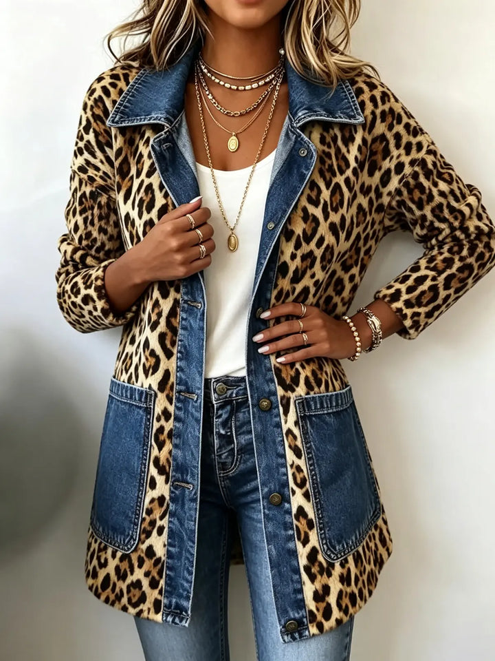 Madeleine | Veste longue imprimé léopard à empiècements denim contrastés