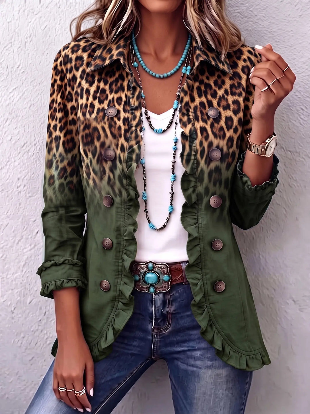 Dominique | Manteau blazer à volants léopard ombré