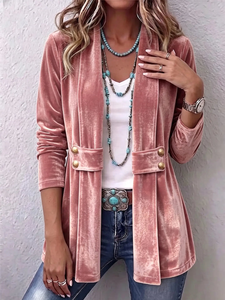 Renée | Veste ouverte vintage à revers et boutons, manches longues