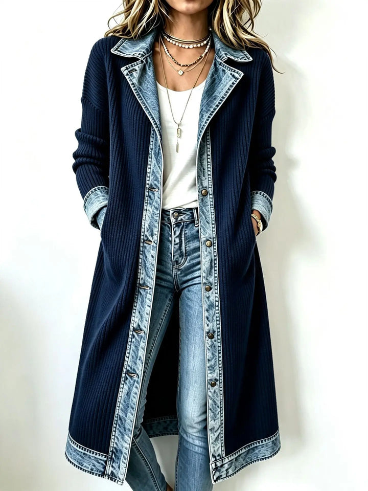 Louise | Cardigan long en maille et denim