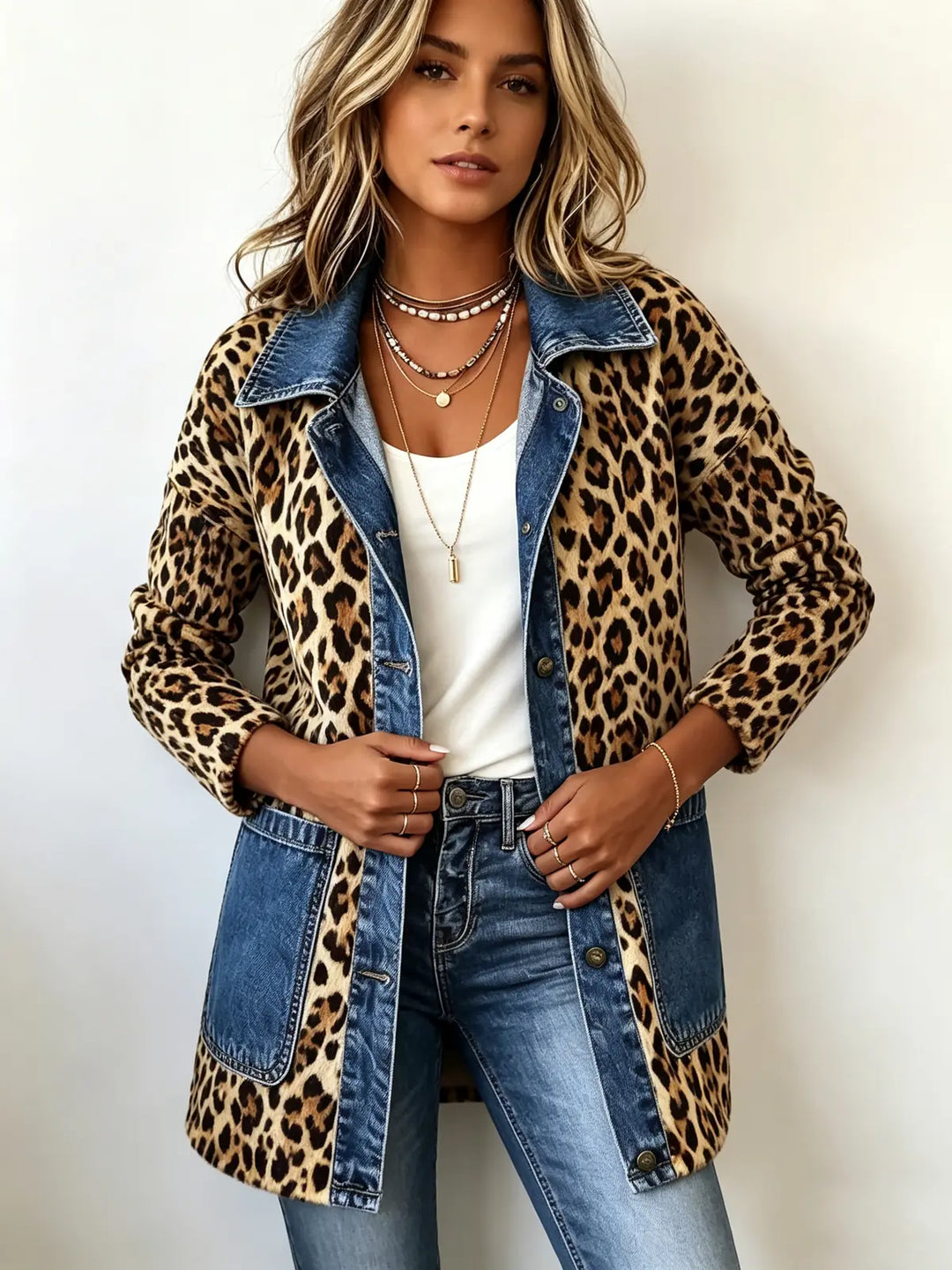 Madeleine | Veste longue imprimé léopard à empiècements denim contrastés