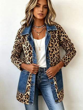 Madeleine | Veste longue imprimé léopard à empiècements denim contrastés