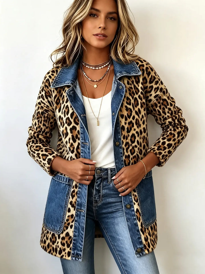 Madeleine | Veste longue imprimé léopard à empiècements denim contrastés