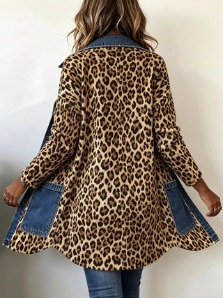 Madeleine | Veste longue imprimé léopard à empiècements denim contrastés