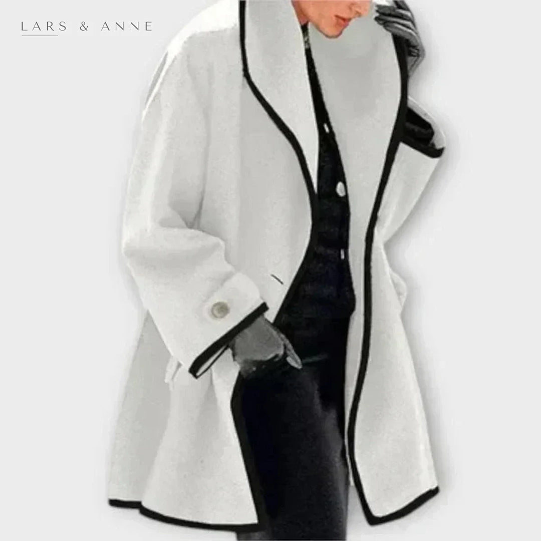 Pénélope – manteau évasé effet laine à liseré contrasté