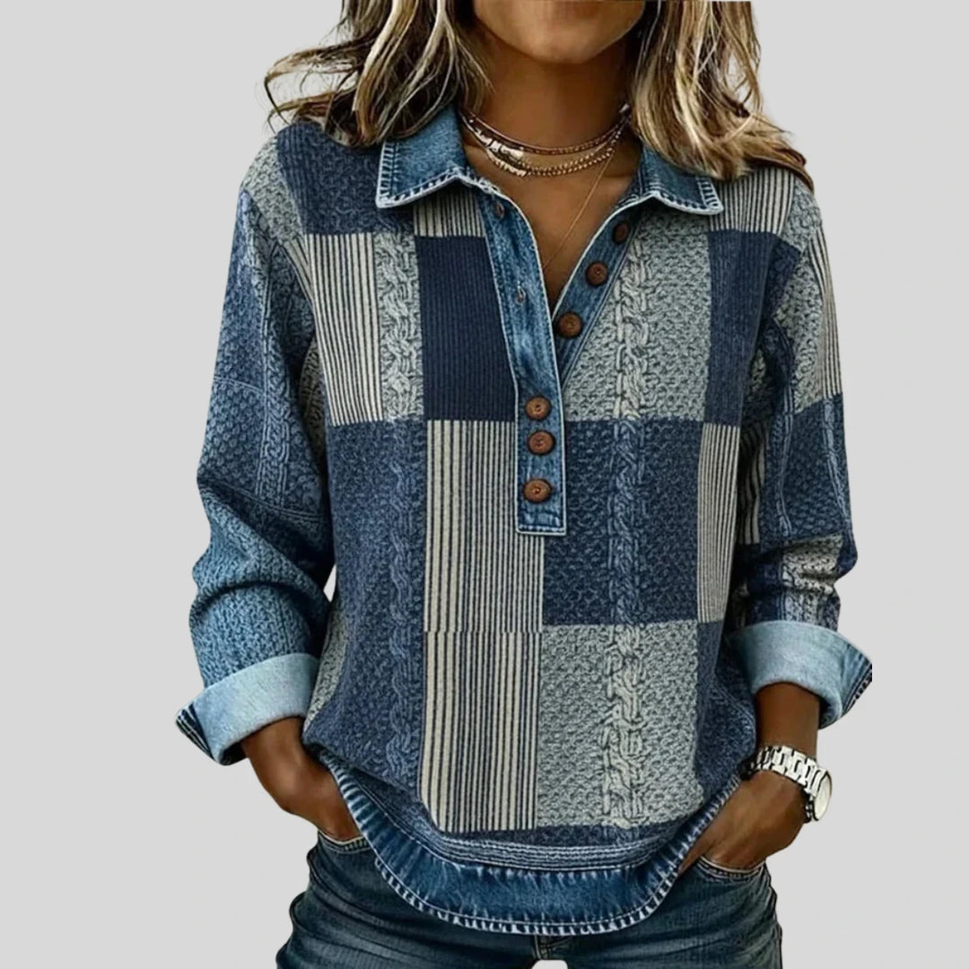 Eulalie | Pull patchwork à col effet denim