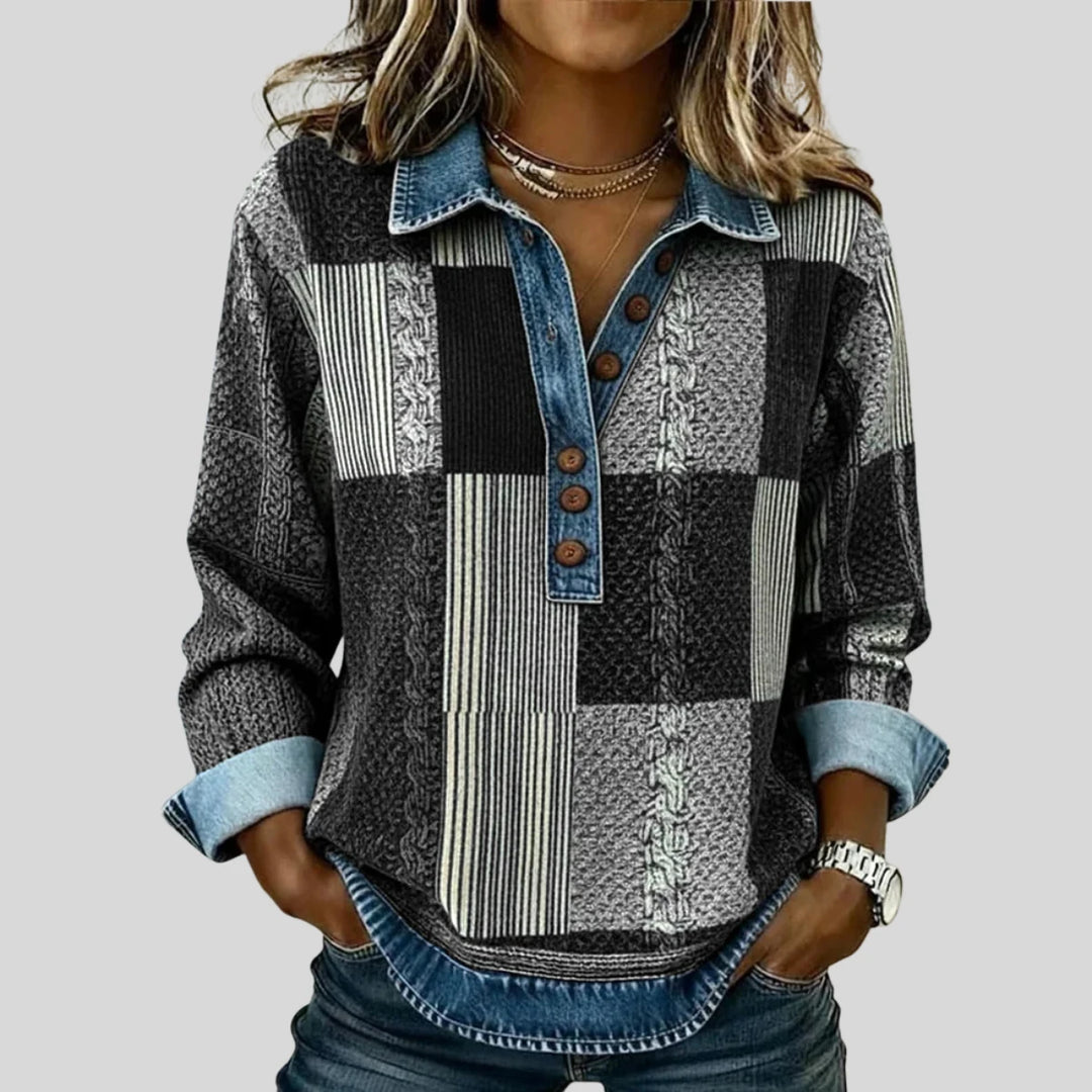 Eulalie | Pull patchwork à col effet denim