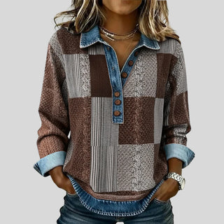 Eulalie | Pull patchwork à col effet denim