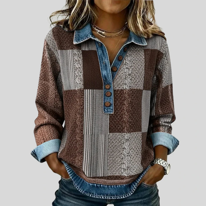 Eulalie | Pull patchwork à col effet denim