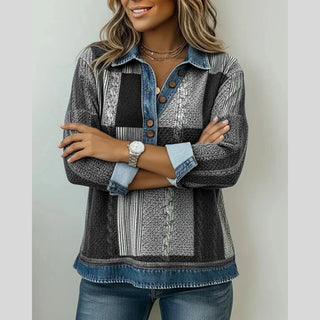 Eulalie | Pull patchwork à col effet denim