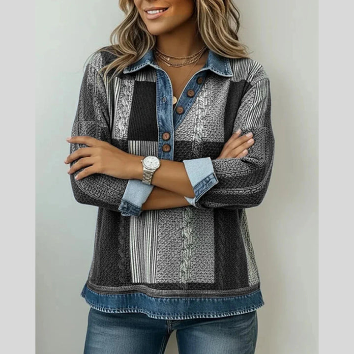 Eulalie | Pull patchwork à col effet denim