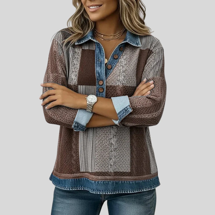 Eulalie | Pull patchwork à col effet denim