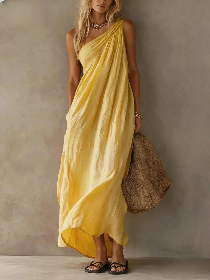 Adriana | Robe longue asymétrique effet lin