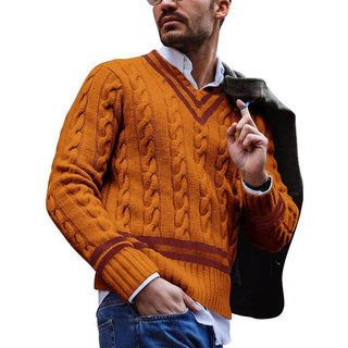 Théophile | Pull col V en maille torsadée à liseré contrasté
