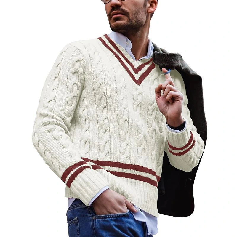 Théophile | Pull col V en maille torsadée à liseré contrasté