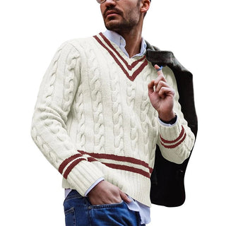 Théophile | Pull col V en maille torsadée à liseré contrasté