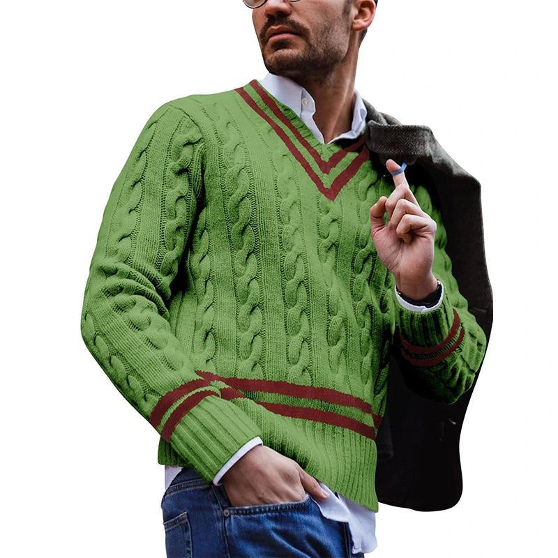 Théophile | Pull col V en maille torsadée à liseré contrasté