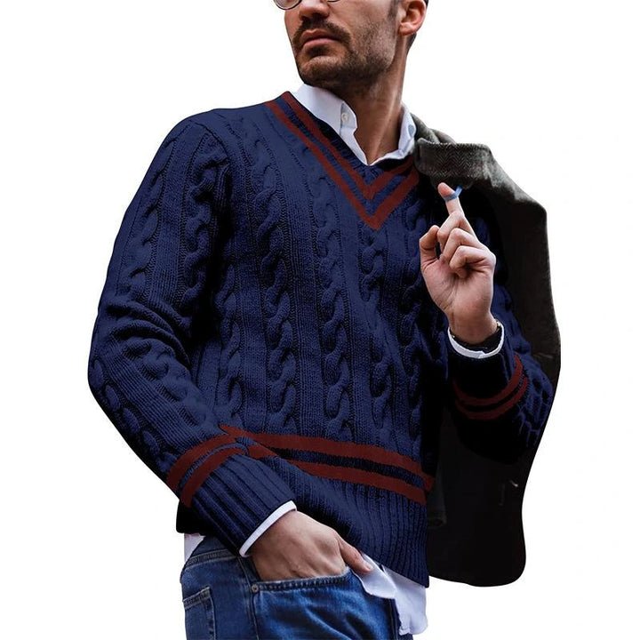 Théophile | Pull col V en maille torsadée à liseré contrasté
