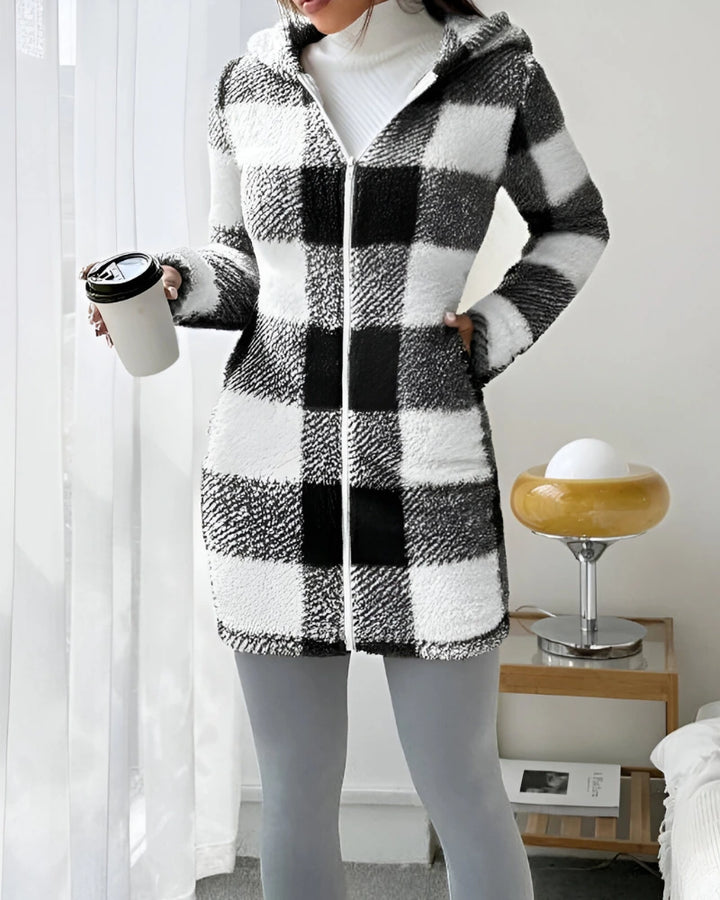 Ermeline – manteau long à carreaux effet teddy à capuche