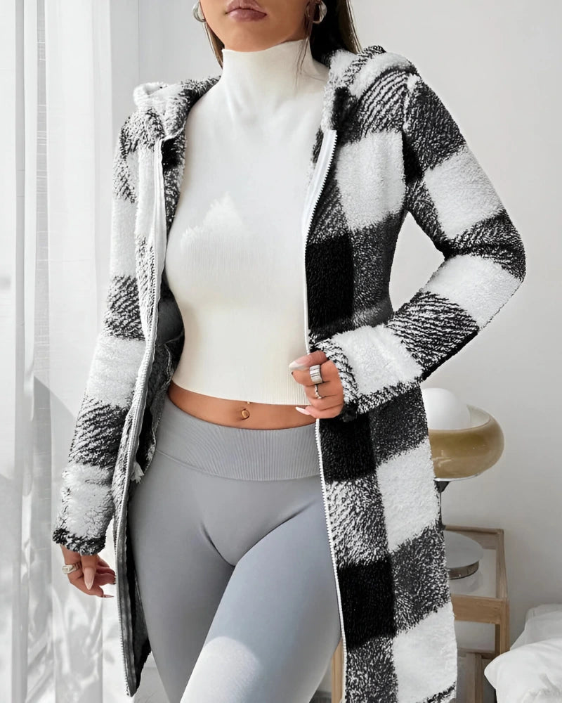 Ermeline | Manteau long à carreaux effet teddy à capuche