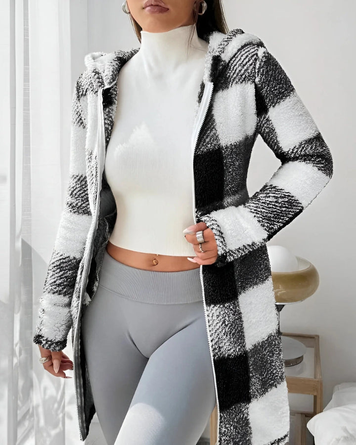 Ermeline | Manteau long à carreaux effet teddy à capuche