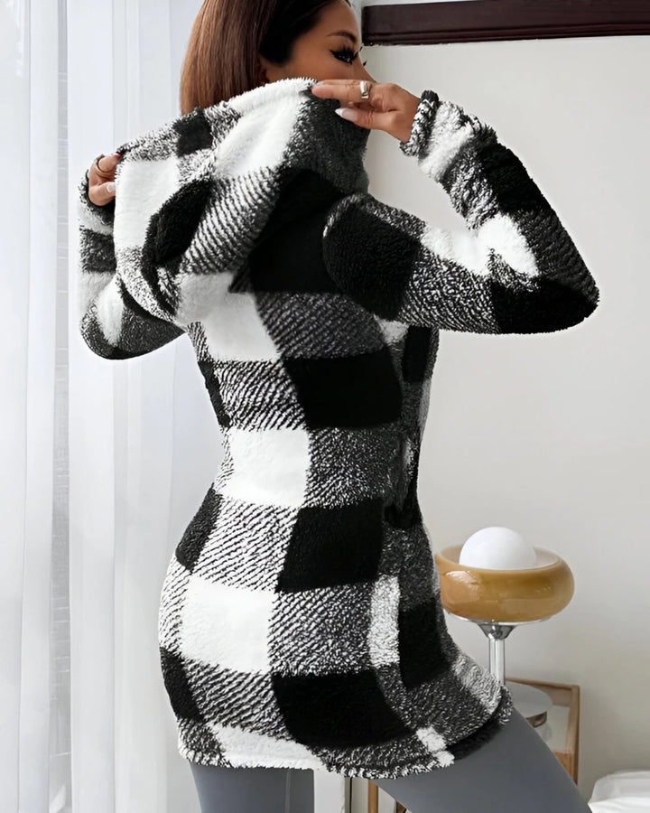 Ermeline | Manteau long à carreaux effet teddy à capuche