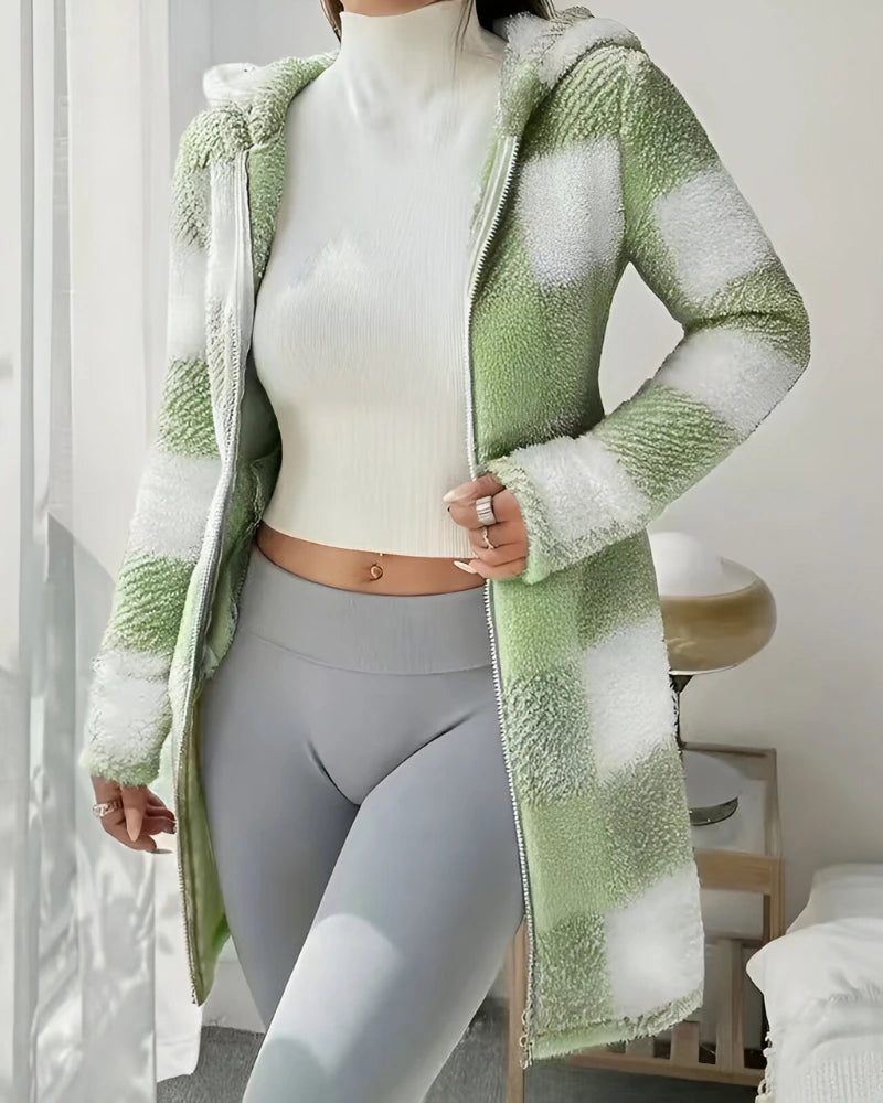 Ermeline | Manteau long à carreaux effet teddy à capuche