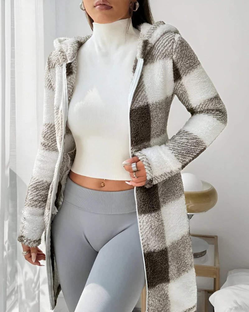 Ermeline | Manteau long à carreaux effet teddy à capuche