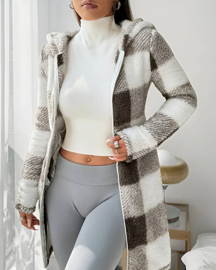 Ermeline | Manteau long à carreaux effet teddy à capuche